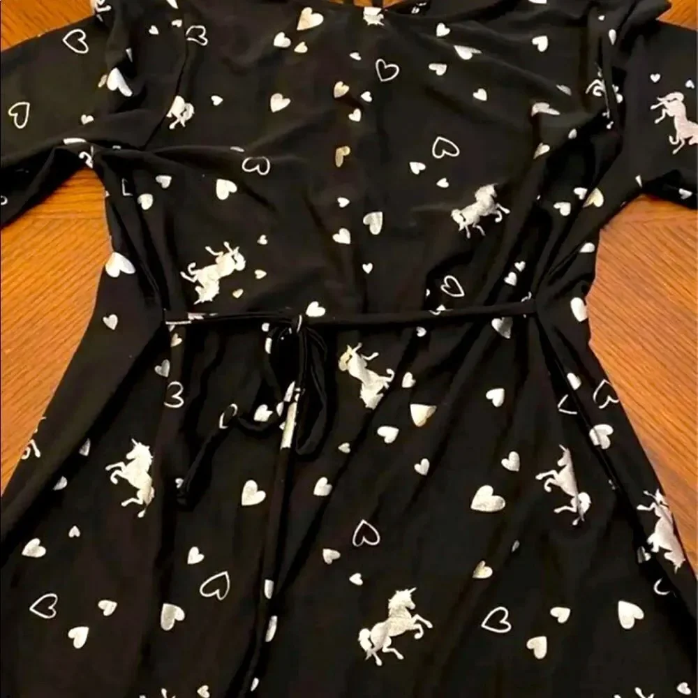 Girls Justice Unicorn & Heart Long Sleeve Dress Size 12/14 Black &‎ Silver